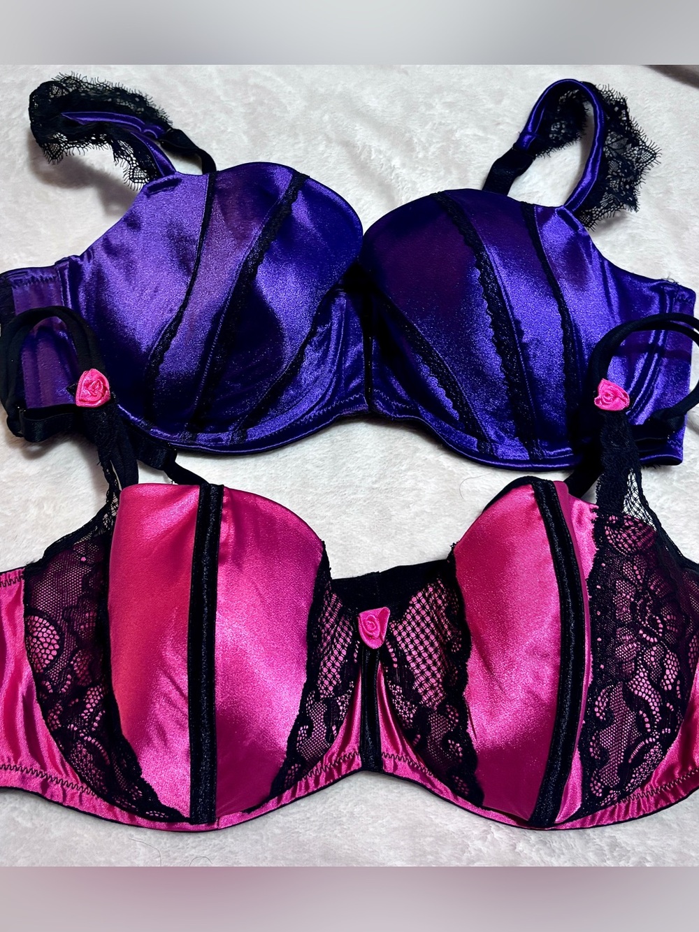 2pc Bundle of Cacique 42C Satin & Lace Underwire Bras Purple Pink Plus Size